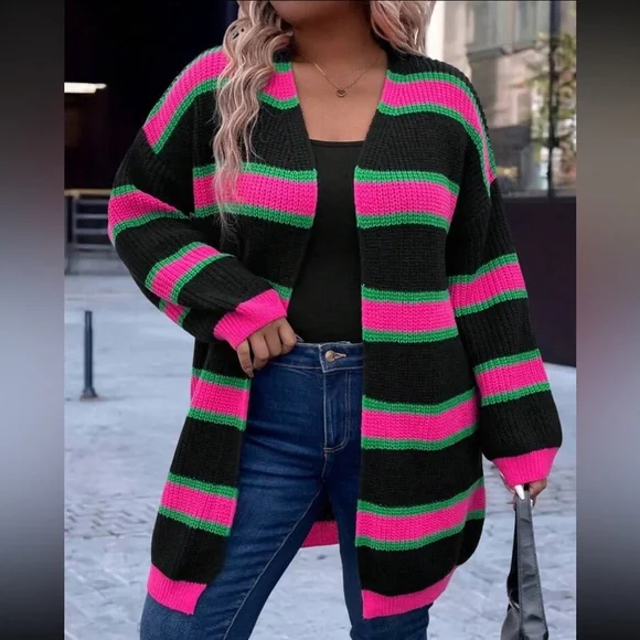Striped Black, Pink, and Mint Green Women's Sweater Cardigan - Picture 1 of 5